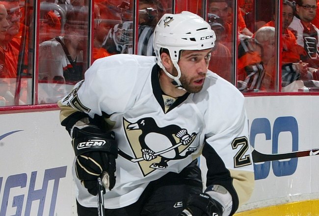 PHILADELPHIA - APRIL 25:  Maxime Talbot #25 of the Pittsburgh Penguins skates against the Philadelphia Flyers during Game Six of the Eastern Conference Quarterfinal Round of the 2009 NHL Stanley Cup Playoffs  at the Wachovia Center on April 25, 2009 in Philadelphia, Pennsylvania. The Penguins defeated the Flyers 5-3 to win the series 4 games to 2.  (Photo by Jim McIsaac/Getty Images)