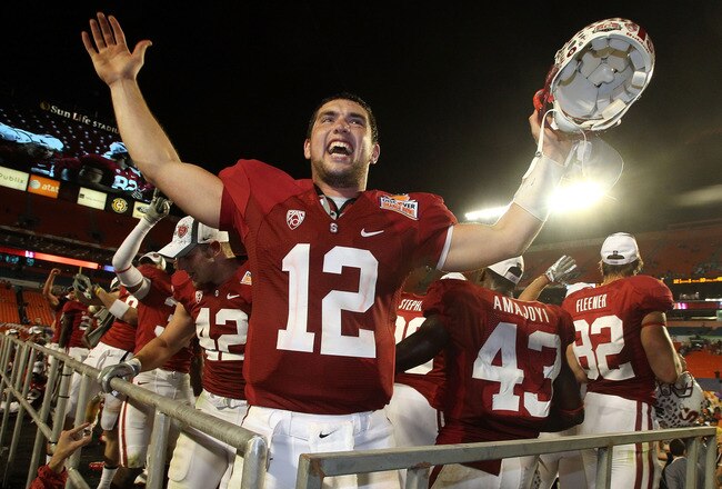 MIAMI, FL - JANUARY 03: Orange bowl MVP Andrew Luck #12 of the Stanford Cardinal celebrates after Stanford won 40-12 against the Virginia Tech Hokies during the 2011 Discover Orange Bowl at Sun Life Stadium on January 3, 2011 in Miami, Florida. (Photo by Streeter Lecka/Getty Images)