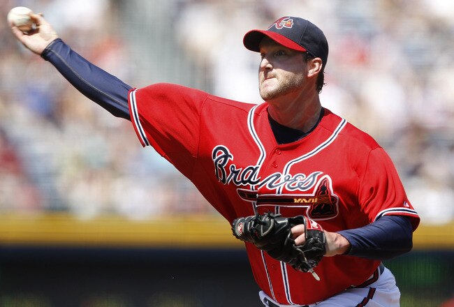 ATLANTA, GA - APRIL 10: Derek Lowe #32 of the Atlanta Braves pitches against the Philadelphia Phillies at Turner Field on April 10, 2011 in Atlanta, Georgia. The Phillies won 3-0. (Photo by Joe Robbins/Getty Images)