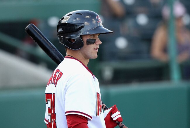 SCOTTSDALE, AZ - OCTOBER 23:  Washington Nationals prospect Bryce Harper #34 playing for the Scottsdale Scorpions warms up on deck during the AZ Fall League game against the Phoenix Desert Dogs at Scottsdale Stadium on October 23, 2010 in Scottsdale, Arizona.  (Photo by Christian Petersen/Getty Images)