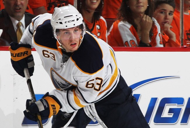 PHILADELPHIA, PA - APRIL 26:  Tyler Ennis #63 of the Buffalo Sabres controls the puck against the Philadelphia Flyers in Game Seven of the Eastern Conference Quarterfinals during the 2011 NHL Stanley Cup Playoffs at Wells Fargo Center on April 26, 2011 in Philadelphia, Pennsylvania.  (Photo by Bruce Bennett/Getty Images)