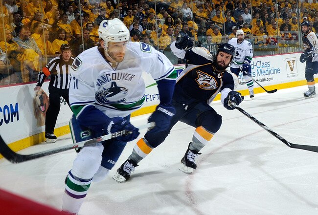 NASHVILLE, TN - MAY 05:  Ryan Kesler #17 of the Vancouver Canucks skates against Shea Weber #6 of the Nashville Predators in Game Four of the Western Conference Semifinals at Bridgestone Arena on May 5, 2011 in Nashville, Tennessee.  (Photo by Frederick Breedon/Getty Images)