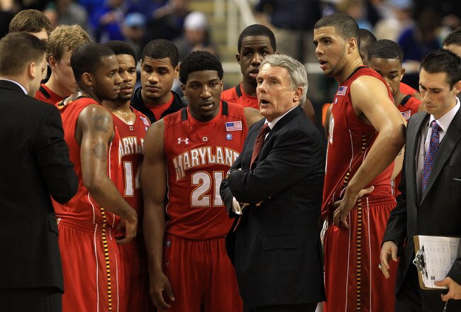 GREENSBORO, NC - MARCH 11:  Head coach Gary Williams of the Maryland Terrapins talks with the team during the first half of the game against the Duke Blue Devils in the quarterfinals of the 2011 ACC men's basketball tournament at the Greensboro Coliseum on March 11, 2011 in Greensboro, North Carolina.  (Photo by Streeter Lecka/Getty Images)
