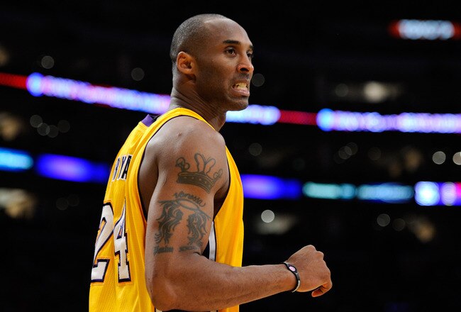 LOS ANGELES, CA - MAY 04:  Kobe Bryant #24 of the Los Angeles Lakers reacts in the second quarter while taking on the Dallas Mavericks in Game Two of the Western Conference Semifinals in the 2011 NBA Playoffs at Staples Center on May 4, 2011 in Los Angeles, California. NOTE TO USER: User expressly acknowledges and agrees that, by downloading and or using this photograph, User is consenting to the terms and conditions of the Getty Images License Agreement.  (Photo by Kevork Djansezian/Getty Images)