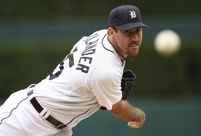 DETROIT - MAY 02:  Justin Verlander #35 of the Detroit Tigers pitches against the Los Angeles Angels of Anaheim on May 2, 2010 at Comerica Park in Detroit, Michigan.  (Photo by Leon Halip/Getty Images)