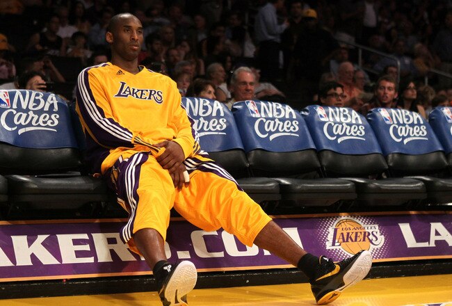 LOS ANGELES, CA - MAY 04:  Kobe Bryant #24 of the Los Angeles Lakers sits on the bench alone before the start of the third quarter against the Dallas Mavericks in Game Two of the Western Conference Semifinals in the 2011 NBA Playoffs at Staples Center on May 4, 2011 in Los Angeles, California. NOTE TO USER: User expressly acknowledges and agrees that, by downloading and or using this photograph, User is consenting to the terms and conditions of the Getty Images License Agreement.  (Photo by Stephen Dunn/Getty Images)