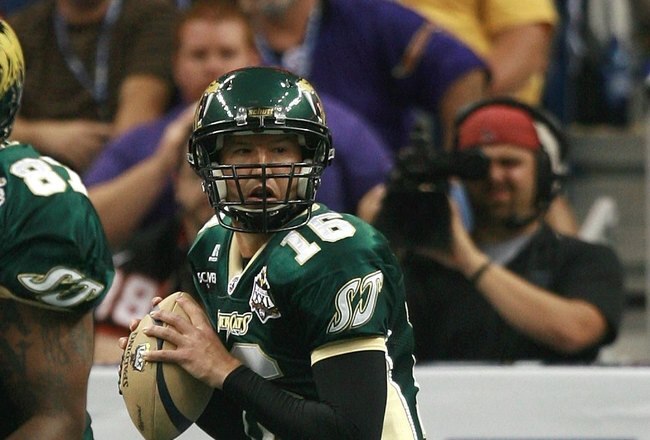 NEW ORLEANS - JULY 29:  Mark Grieb #16 of the San Jose SaberCats looks to pass against the Columbus Destroyers  during ArenaBowl XXI at New Orleans Arena on July 29, 2007 in New Orleans, Louisiana. Grieb went on to be named MVP of the ArenaBowl as the SaberCats won 55-33. (Photo by Doug Benc/Getty Images for AFL)