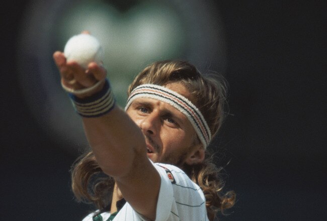 Jul 1980:  Bjorn Borg of Sweden in action during the Mens Singles Final against John McEnroe of the USA at the Wimbledon Championships in London. Borg won the game sealing his fourth successive singles title.  \ Mandatory Credit: Allsport UK /Allsport