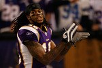 MINNEAPOLIS - JANUARY 17:  Wide receiver Sidney Rice #18 of the Minnesota Vikings celebrates while playing against the Dallas Cowboys during the first half of the NFC Divisional Playoff Game at Hubert H. Humphrey Metrodome on January 17, 2010 in Minneapolis, Minnesota.  The Vikings defeated the Cowboys 34-3. (Photo by Elsa/Getty Images)