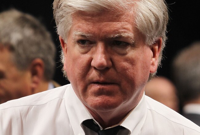 LOS ANGELES, CA - JUNE 25: Brian Burke of the Toronto Maple Leafs works the draft floor during the 2010 NHL Entry Draft at Staples Center on June 25, 2010 in Los Angeles, California.  (Photo by Bruce Bennett/Getty Images)