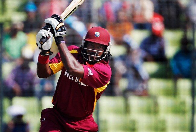 DHAKA, BANGLADESH - MARCH 23:  Chris Gayle of West Indies bats during the 1st quarterfinal of the ICC Cricket World Cup at Shere-e-Bangla National Stadium on March 23, 2011 in Dhaka, Bangladesh.  (Photo by Daniel Berehulak/Getty Images)