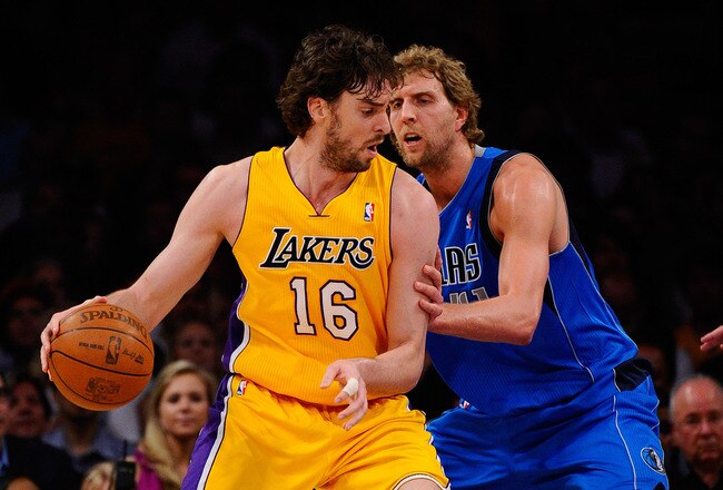 LOS ANGELES, CA - MAY 04:  Pau Gasol #16 of the Los Angeles Lakers posts up Dirk Nowitzki #41 of the Dallas Mavericks in the first quarter in Game Two of the Western Conference Semifinals in the 2011 NBA Playoffs at Staples Center on May 4, 2011 in Los Angeles, California. NOTE TO USER: User expressly acknowledges and agrees that, by downloading and or using this photograph, User is consenting to the terms and conditions of the Getty Images License Agreement.  (Photo by Kevork Djansezian/Getty Images)