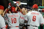 WASHINGTON - SEPTEMBER 29:  Ben Francisco #10 of the Philadelphia Phillies is congratulated by Mike Sweeney #5 and Ryan Howard #6 after hitting a home run in the second inning against the Washington Nationals at Nationals Park on September 29, 2010 in Washington, DC.  (Photo by Greg Fiume/Getty Images)