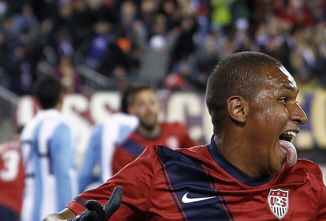 EAST RUTHERFORD, NJ - MARCH 26:  Juan Agudelo #9 and Oguchi Onyewu #5 of the United States celebrate Agudelo's game-tying goal during the second half of a friendly match against Argentina at New Meadowlands Stadium on March 26, 2011 in East Rutherford, New Jersey.  (Photo by Jeff Zelevansky/Getty Images)