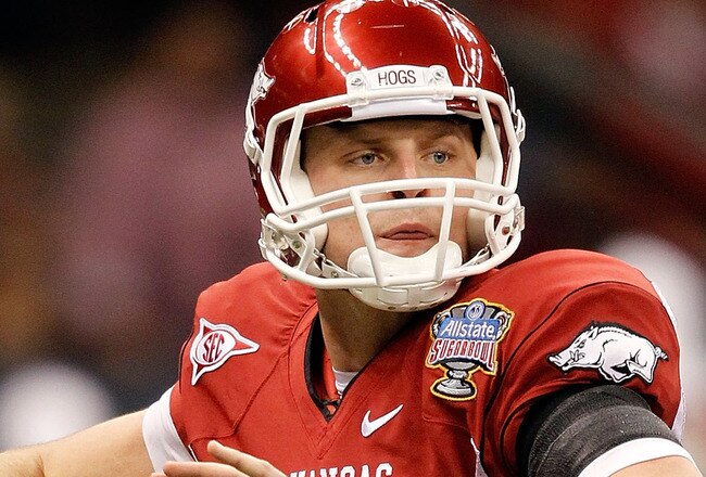 NEW ORLEANS, LA - JANUARY 04:  Quarterback Ryan Mallett #15 of the Arkansas Razorbacks looks to pass against the Ohio State Buckeyes during the Allstate Sugar Bowl at the Louisiana Superdome on January 4, 2011 in New Orleans, Louisiana.  (Photo by Matthew Stockman/Getty Images)
