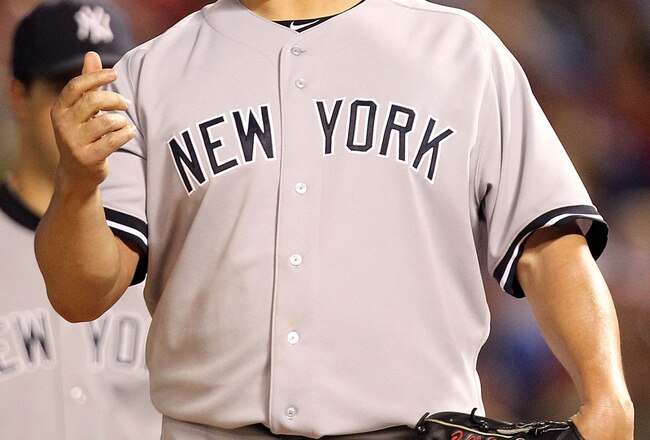 ARLINGTON, TX - MAY 07:  Pitcher Bartolo Colon #40 of the New York Yankees throws the ball in the air before being relieved against the Texas Rangers at Rangers Ballpark in Arlington on May 7, 2011 in Arlington, Texas.  (Photo by Ronald Martinez/Getty Images)