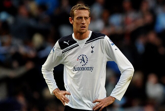 MANCHESTER, ENGLAND - MAY 10:  Peter Crouch  of Tottenham Hotspur looks dejected after scoring an own goal during the Barclays Premier League match between Manchester City and Tottenham Hotspur at the City of Manchester Stadium on May 10, 2011 in Manchester, England.  (Photo by Laurence Griffiths/Getty Images)