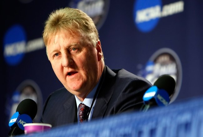 DETROIT - APRIL 06:  Larry Bird answers questions with Earvin 'Magic' Johnson (not pictured) during a news conference to relive their 1979 NCAA Championship Game between Indiana State and Michigan State before the 2009 NCAA Division I Men's Basketball National Championship game at Ford Field on April 6, 2009 in Detroit, Michigan.  (Photo by Gregory Shamus/Getty Images)