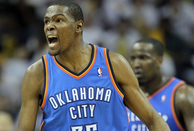 MEMPHIS, TN - MAY 09:  Kevin Durant #35 of the Oklahoma City Thunder celebrates during the game against the Memphis Grizzlies in Game Four of the Western Conference Semifinals in the 2011 NBA Playoffs at FedExForum on May 9, 2011 in Memphis, Tennessee.The Thunder won in tripple overtime 133-123. NOTE TO USER: User expressly acknowledges and agrees that, by downloading and/or using this Photograph, User is consenting to the terms and conditions of the Getty Images License Agreement.  (Photo by Andy Lyons/Getty Images)