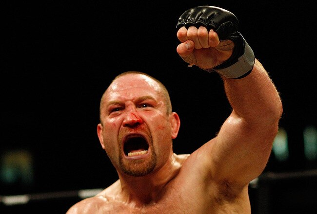 EAST RUTHERFORD, NJ - APRIL 04:  Vladimir Matyushenko in the green and white trunks of Midwest Combat celebrates defeating Jamal Patterson of the Renzo Gracie Jiu-Jitsu in the International Fighting League match at the Izod Center on April 4, 2008 in East Rutherford, New Jersey. (Photo by Nick Laham/Getty Images)