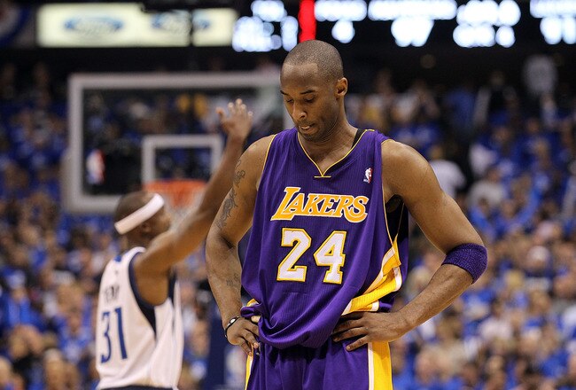 DALLAS, TX - MAY 06:  Guard Kobe Bryant #24 of the Los Angeles Lakers reacts during a 98-92 loss against the Dallas Mavericks in Game Three of the Western Conference Semifinals during the 2011 NBA Playoffs on May 6, 2011 at American Airlines Center in Dallas, Texas.  NOTE TO USER: User expressly acknowledges and agrees that, by downloading and or using this photograph, User is consenting to the terms and conditions of the Getty Images License Agreement.  (Photo by Ronald Martinez/Getty Images)