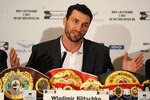 LONDON, ENGLAND - MAY 10: Wladimir Klitschko talks to the press during the David Haye v Wladimir Klitschko Press Conference at the Park Plaza Hotel on May 10, 2011 in London, England. (Photo by Christopher Lee/Getty Images)