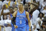 MEMPHIS, TN - MAY 09:  Russell Westbrook #0 of the Oklahoma City Thunder celebrates during the game against the Memphis Grizzlies in Game Four of the Western Conference Semifinals in the 2011 NBA Playoffs at FedExForum on May 9, 2011 in Memphis, Tennessee.The Thunder won in tripple overtime 133-123. NOTE TO USER: User expressly acknowledges and agrees that, by downloading and/or using this Photograph, User is consenting to the terms and conditions of the Getty Images License Agreement.  (Photo by Andy Lyons/Getty Images)