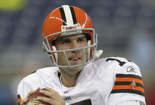 DETROIT - AUGUST 28: Jake Delhomme #17 of the Cleveland Browns warms up prior to the start of the preseason game against the Detroit Lions at Ford Field on August 28, 2010 in Detroit, Michigan. (Photo by Leon Halip/Getty Images)