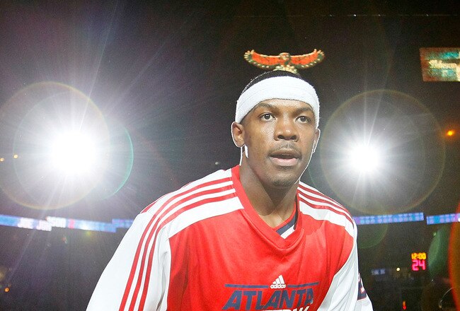 ATLANTA, GA - MAY 12:  Joe Johnson #2 of the Atlanta Hawks walks onto the court during introductions before facing the Chicago Bulls in Game Six of the Eastern Conference Semifinals in the 2011 NBA Playoffs at Phillips Arena on May 12, 2011 in Atlanta, Georgia.  NOTE TO USER: User expressly acknowledges and agrees that, by downloading and/or using this photograph, User is consenting to the terms and conditions of the Getty Images License Agreement.  (Photo by Kevin C. Cox/Getty Images)
