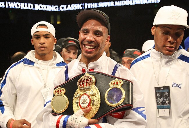 OAKLAND, CA - NOVEMBER 21:  Andre Ward celebrates after defeating Mikkel Kessler of Denmark during their WBA Super Middleweight Championship Bout at the Oakland-Alameda County Coliseum on November 21, 2009 in Oakland, California.  (Photo by Jed Jacobsohn/Getty Images)