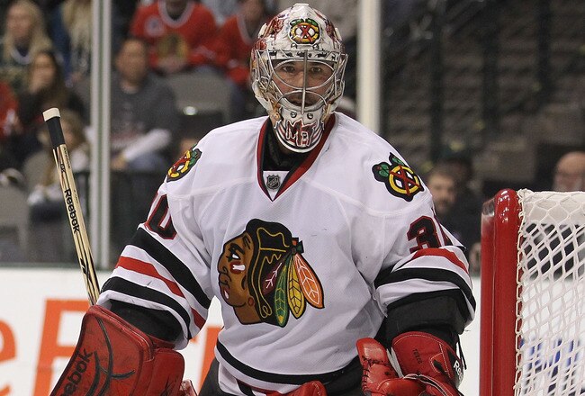 DALLAS, TX - FEBRUARY 11:  Goaltender Marty Turco #30 of the Chicago Blackhawks in goal against the Dallas Stas at American Airlines Center on February 11, 2011 in Dallas, Texas.  (Photo by Ronald Martinez/Getty Images)