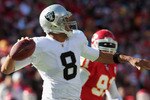 KANSAS CITY, MO - JANUARY 02:  Quarterback Jason Campbell #8 of the Oakland Raiders passes during the game against the Kansas City Chiefs on January 2, 2011 at Arrowhead Stadium in Kansas City, Missouri.  (Photo by Jamie Squire/Getty Images)