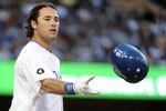 LOS ANGELES, CA - APRIL 30:  Andre Ethier #16 of the Los Angeles Dodgers tosses his helmet in reaction to his strikeout against the San Diego Padres during the first inning at Dodger Stadium on April 30, 2011 in Los Angeles, California.  (Photo by Harry How/Getty Images)