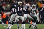 FOXBORO, MA - JANUARY 16:  Quarterback Tom Brady #12 of the New England Patriots throws a pass during their 2011 AFC divisional playoff game against the New York Jets at Gillette Stadium on January 16, 2011 in Foxboro, Massachusetts.  (Photo by Al Bello/Getty Images)
