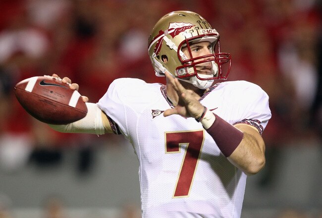 RALEIGH, NC - OCTOBER 28:  Christian Ponder #7 of the Florida State Seminoles drops back to throw a pass against the North Carolina State Wolfpack during their game at Carter-Finley Stadium on October 28, 2010 in Raleigh, North Carolina.  (Photo by Streeter Lecka/Getty Images)