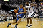 MEMPHIS, TN - MAY 13:  Russell Westbrook #0 of the Oklahoma City Thunder drives against Tony Allen #9 of the Memphis Grizzlies in Game Six of the Western Conference Semifinals in the 2011 NBA Playoffs at FedExForum on May 13, 2011 in Memphis, Tennessee.  NOTE TO USER: User expressly acknowledges and agrees that, by downloading and/or using this photograph, User is consenting to the terms and conditions of the Getty Images License Agreement.  (Photo by Kevin C. Cox/Getty Images)