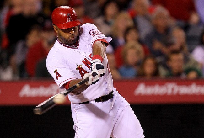 ANAHEIM, CA - MAY 7:   Vernon Wells #10 of the Los Angeles Angels of Anaheim picks up an RBI in the sixth inning with a sacrifice fly against the Cleveland Indians on May 7, 2011 at Angel Stadium in Anaheim, California.    (Photo by Stephen Dunn/Getty Images)