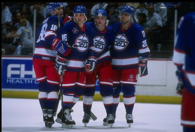 14 Apr 1996:  The Winnipeg Jets celebrate during a game against the Anaheim Mighty Ducks at Arrowhead Pond in Anaheim, California.  The Ducks won the game, 5-2. Mandatory Credit: Glenn Cratty  /Allsport