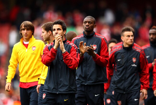 LONDON, ENGLAND - MAY 15:  Cesc Fabregas of Arsenal applauds the fans as he joins his team mates in a lap of honour after the Barclays Premier League match between Arsenal and Aston Villa at the Emirates Stadium on May 15, 2011 in London, England.  (Photo by Richard Heathcote/Getty Images)