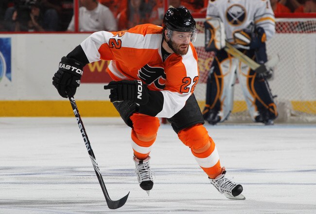 PHILADELPHIA, PA - APRIL 26:  Ville Leino #22 of the Philadelphia Flyers skates down the ice against the Buffalo Sabres in Game Seven of the Eastern Conference Quarterfinals during the 2011 NHL Stanley Cup Playoffs at Wells Fargo Center on April 26, 2011 in Philadelphia, Pennsylvania.  (Photo by Bruce Bennett/Getty Images)