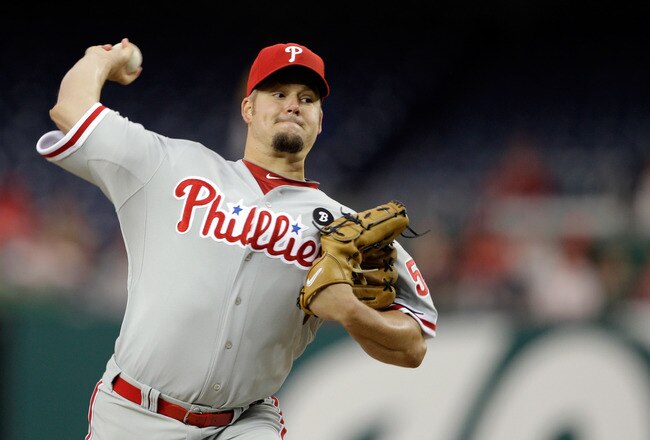 WASHINGTON, DC - APRIL 12: Pitcher Joe Blanton #56 of the Philadelphia Phillies delivers to a Washington Nationals batter at Nationals Park on April 12, 2011 in Washington, DC. (Photo by Rob Carr/Getty Images)