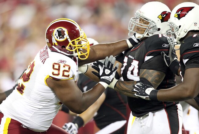 GLENDALE, AZ - SEPTEMBER 02:  Defensive tackle Albert Haynesworth #92 of the Washington Redskins in action during preseason NFL game against the Arizona Cardinals at the University of Phoenix Stadium on September 2, 2010 in Glendale, Arizona.  The Cardinals defeated the Redskins 20-10.  (Photo by Christian Petersen/Getty Images)