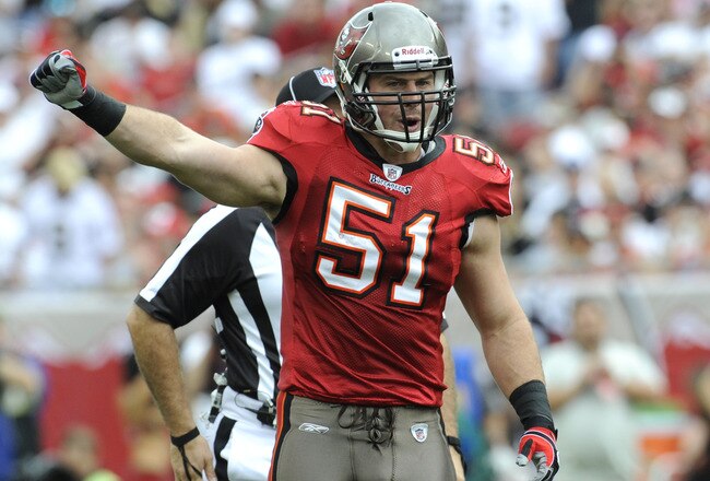 TAMPA, FL - NOVEMBER 30:  Linebacker Barrett Rudd #51 of the Tampa Bay Buccaneers directs the defense against the New Orleans Saints at Raymond James Stadium on November 30, 2008 in Tampa, Florida.  (Photo by Al Messerschmidt/Getty Images)
