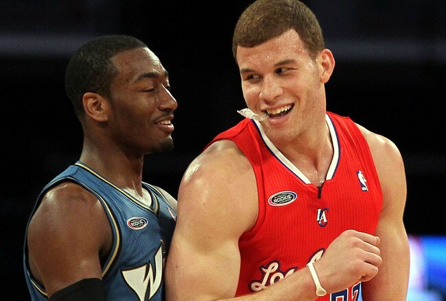 LOS ANGELES, CA - FEBRUARY 18:  John Wall #2 of the Washington Wizards and the Rookie Team and Blake Griffin #32 of the Los Angeles Clippers and the Rookie Team laugh on the court in the second half during the T-Mobile Rookie Challenge and Youth Jam at Staples Center on February 18, 2011 in Los Angeles, California.  (Photo by Jeff Gross/Getty Images)