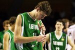 AUCKLAND, NEW ZEALAND - JULY 08:  Donatas Motiejunas of Lithuania walks off after losing the U19 Basketball World Championships match between the United States and Lithuania at North Shore Events Centre on July 8, 2009 in Auckland, New Zealand.  (Photo by Hannah Johnston/Getty Images)