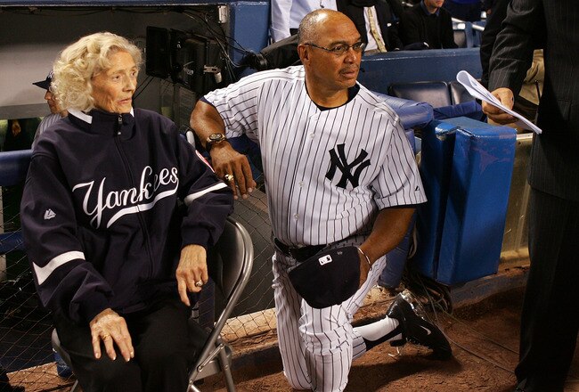 NEW YORK - SEPTEMBER 21:  The daughter of Babe Ruth, Julia Ruth Stevens and Reggie Jackson look on during a pregame ceremony prior to the start of the last regular season game at Yankee Stadium between the Baltimore Orioles and the New York Yankees on September 21, 2008 in the Bronx borough of New York City. The Yankees are playing their final season in the 85 year old ball park and plan on moving into the new Yankee Stadium across the street to start the 09 season.  (Photo by Jim McIsaac/Getty Images)