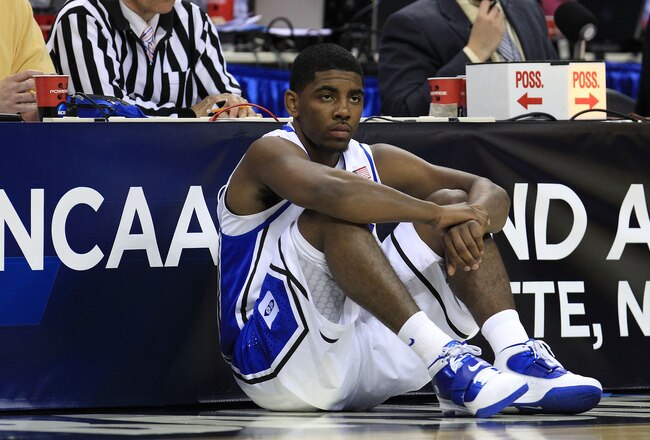 CHARLOTTE, NC - MARCH 20:  Kyrie Irving #1 of the Duke Blue Devils waits to enter the game while taking on the Michigan Wolverines during the third round of the 2011 NCAA men's basketball tournament at Time Warner Cable Arena on March 20, 2011 in Charlotte, North Carolina.  (Photo by Streeter Lecka/Getty Images)
