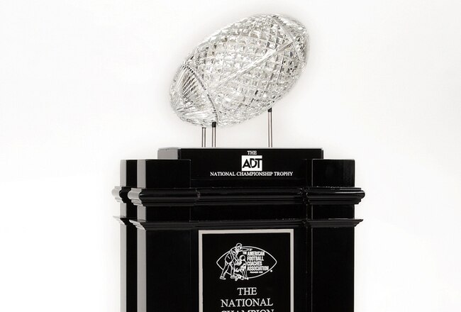 PASADENA, CA - JANUARY 4:  In this handout photo provided by ADT a general view of the Waterford Crystal ADT National Championship Trophy. The annual award is presented by the AFCA, American Football Coaches Association, to the winning NCAA team of the BCS National Championship Games following the 2003-05 college football seasons. The ADT Trophy will be awarded on-field to the winner of the Rose Bowl on January 4, 2006 at the Rose Bowl in Pasadena, California.