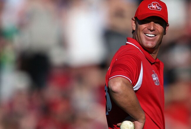 WELLINGTON, NEW ZEALAND - MARCH 13:  Shane Warne enjoys a laugh during the Christchurch Earthquake Relief Charity Twenty20 match at Basin Reserve on March 13, 2011 in Wellington, New Zealand.  (Photo by Hagen Hopkins/Getty Images)