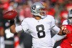 KANSAS CITY, MO - JANUARY 02:  Quarterback Jason Campbell #8 of the Oakland Raiders throws a pass in a game against the Kansas City Chiefs at Arrowhead Stadium on January 2, 2011 in Kansas City, Missouri.  (Photo by Tim Umphrey/Getty Images)